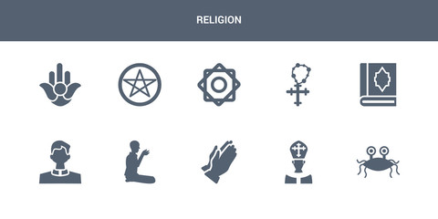 Obraz premium 10 religion vector icons such as pastafarianism, pope, pray, prayer, priest contains quran, rosary, rub el hizb, satanism, semitic neopaganism. religion icons