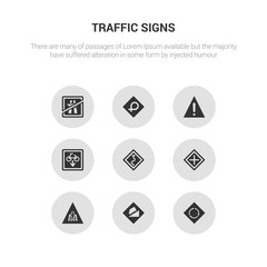 9 round vector icons such as circular intersection, steep descent, crossing, crossroad, curves contains cycle lane, danger, degree curve road, end motorway. circular intersection, steep descent,