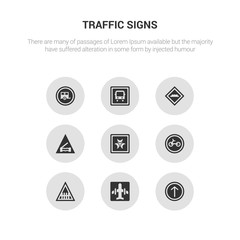 9 round vector icons such as ahead only, airport, barrier, bicycle, biological hazard contains bridge road, bump, bus stop, caravan. ahead only, airport, icon3_, gray traffic signs icons