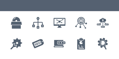 10 seo vector icons such as seo ranking, seo report, reputation, tags, tools contains server, sharing, simulation, sitemap, software. icons