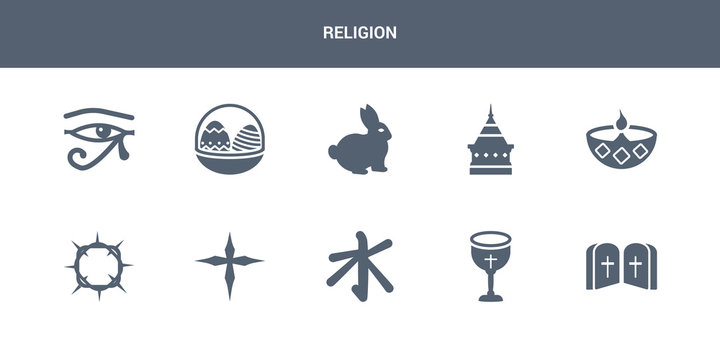 10 religion vector icons such as commandments, communion, confucianism, cross, crown of thorns contains diwali, doi suthep, easter bunny, easter eggs, eye of ra. religion icons