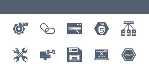 10 seo vector icons such as error, error 404, floppy disk, game development, hardware contains hosting, html5, http, hyperlink, image seo. seo icons