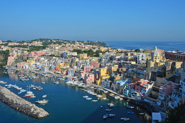 Fototapeta na wymiar View of the island of Procida in Italy, with its colorful houses