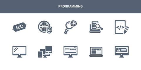 10 programming vector icons such as program error, program interface, programming language, responsive, screen contains script, search, search engine, secu network, seo. programming icons