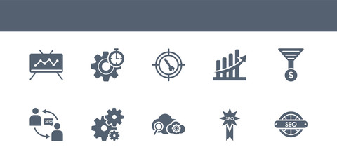 10 seo vector icons such as seo and web, seo badge, cloud, configuration, consulting contains funnel, growth, keywords, management, monitoring. icons