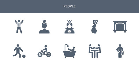 10 people vector icons such as painter with paint bucket, people trading, person bathing, person biking, playing with a ball contains playpen, pregnant, princess face, punk face, referee man. people