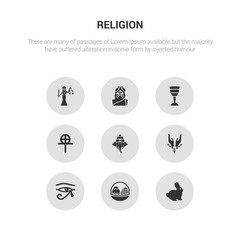 9 round vector icons such as easter bunny, easter eggs, eye of ra, faith, ganesha contains gnosticism, goblet, god, goddess. easter bunny, eggs, icon3_, gray religion icons