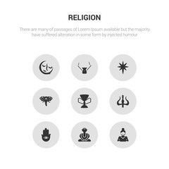 9 round vector icons such as gospel, great buddha, hamsa, hinduism, holy chalice contains holy elephant, holy star, incense, indulgence. gospel, great buddha, icon3_, gray religion icons