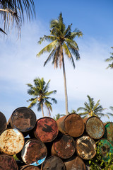 Old empty metal barrels in the tropical environment