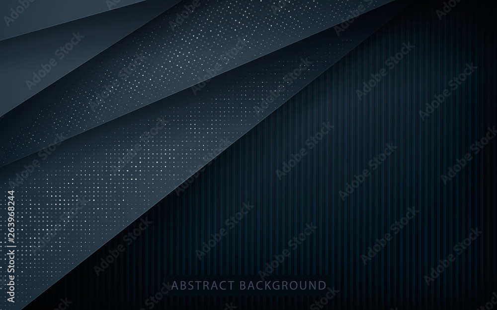 Poster dark abstract background with black overlap layers. texture with silver glitters dots element decora