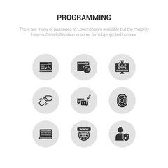 9 round vector icons such as authorize, website, binary code, biometric identification, blogging contains broken link, bug report, c sharp, clean code. authorize, website, icon3_, gray programming