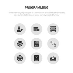 9 round vector icons such as console, content, copyright, cross-platform, css contains cyberspace, data storage, database, developer. console, content, icon3_, gray programming icons