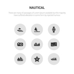 9 round vector icons such as speed boat, starfish with dots, tanker ship, treasure map, vessel contains water resist camera, water resist watch, windsurf board, wood raft. speed boat, starfish with