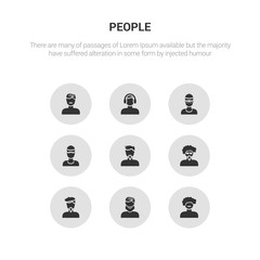 9 round vector icons such as man face curly hair and moustache, man face with beard, man face with beret and goatee, with glasses and goatee, goatee contains hat, hat sunglasses, headphones,