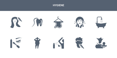 10 hygiene vector icons such as baby wipe, beardy, body odour, body shaming, dolled up contains douche, face washer, face towel, flossing, grooming. hygiene icons