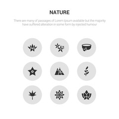 9 round vector icons such as lotus, magnolia, maple, mimosa, mountains contains narcissus, natural medical pills, neroli, nymphea. lotus, magnolia, icon3_, gray nature icons