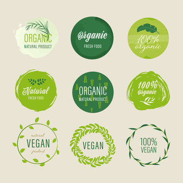 Organic label and natural label green color design. Tag and Sticker Farm fresh logo vegan food mark guaranteed.