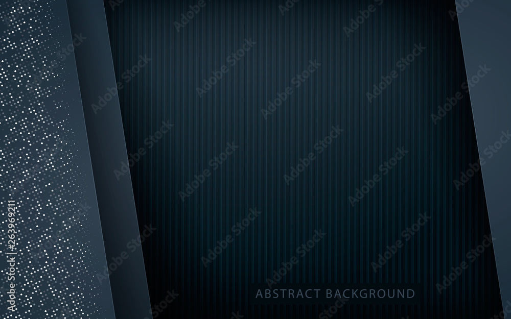 Poster dark abstract background with black overlap layers. texture with silver glitters dots element decora