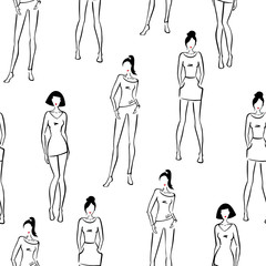 Black and White seamless background. Different silhouettes of fashion models. Sketch. Vector illustration