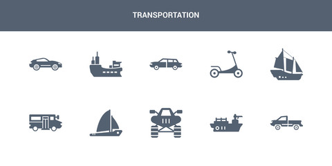 Fototapeta na wymiar 10 transportation vector icons such as pickup, pt boat, quad, sailboat, school bus contains schooner, scooter, sedan, ship, sport car. transportation icons