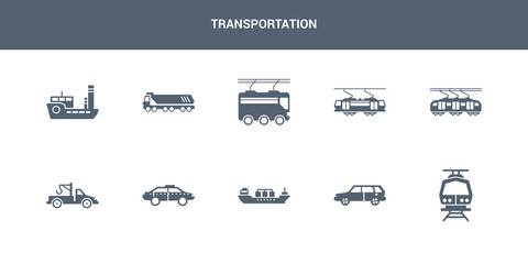 10 transportation vector icons such as subway, suv, tanker, taxi, tow truck contains train, tramway, trolleybus, truck, tugboat. transportation icons