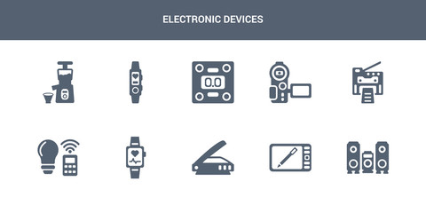 10 electronic devices vector icons such as speakers, graphic tablet, scanner, smartband, smart light contains copy machine, video recorder, weighing, activity tracker, cold-pressed juicer.