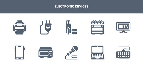 10 electronic devices vector icons such as keyboard, laptop, microphone, microwave, mobile phone contains monitor, oven, pendrive, plug, printer. electronic devices icons