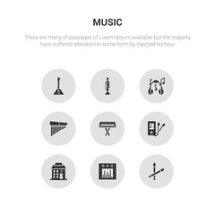 9 round vector icons such as drumsticks, sound bars, music store, playlist, synthesizer contains chimes, music note, clarinet, balalaika. drumsticks, sound bars, icon3_, gray music icons