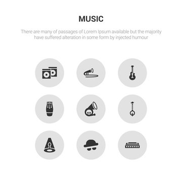 9 round vector icons such as harmonica, s, music spotlight, banjo, french horn contains conga, acoustic guitar, trombone, album. harmonica, s, icon3_, gray music icons