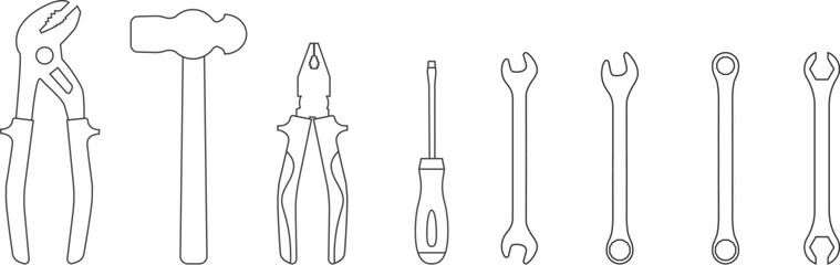 Set of line style icons of tools. Wrench, screwdriver, pliers, hammer. Workshop, mechanic, repair service logo template. Clean and modern vector illustration.