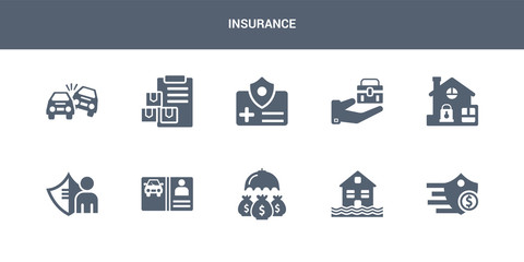 10 insurance vector icons such as insurance of a shield with dollar, inundation, investment insurance, license, life contains locked padlock luggage medical moving overturned car. icons