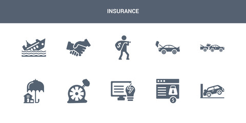 10 insurance vector icons such as parking crash, payment protection, problem electric, puncture in a wheel, real estate insurance contains rear end collision, repair, robbery, shake hands, ship