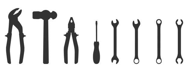 Set of silhouette icons of tools. Wrench, screwdriver, pliers, hammer. Workshop, mechanic, repair service logo template. Clean and modern vector illustration. - obrazy, fototapety, plakaty
