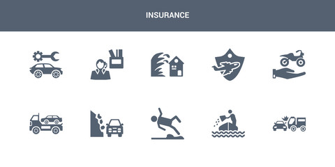 10 insurance vector icons such as side crash, sinking, slippery road, stone on the road, towed car contains transport insurance, travel insurance, tsunami unemployed, vehicle repair. icons