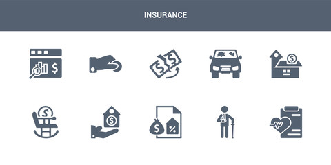 10 insurance vector icons such as wellness, wounded, mortgage, protection, retirement contains savings, total loss, replacement value, beneficiary, actual cash value. insurance icons