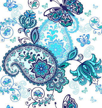 Fantastic floral seamless ornament with decorative butterflies. Floral wallpaper. Indigo traditional paisley pattern.