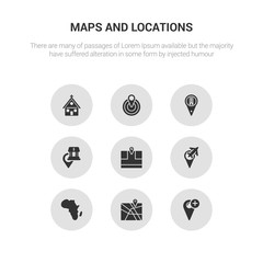 9 round vector icons such as add location, add to map, africa, airport pin, arrow on map contains bank pin, building pin, center, church. add location, to map, icon3_, gray maps and locations icons