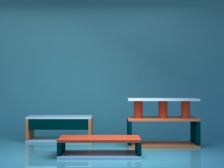 Minimal scene with podium and abstract background. Geometric shape. Blue and coral colors scene. Minimal 3d rendering. Scene with geometrical forms and blue background. 3d render. 