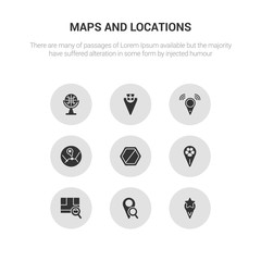 Fototapeta premium 9 round vector icons such as east, favorite place, find location, find on map, football field pin contains forbidden, geo cordinates, geolocalization, gift shop location. east, favorite place,