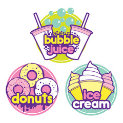 Vector illustration. Set of cute and fun ice cream stickers, badges, icons of donuts, ice cream, bubble juice.