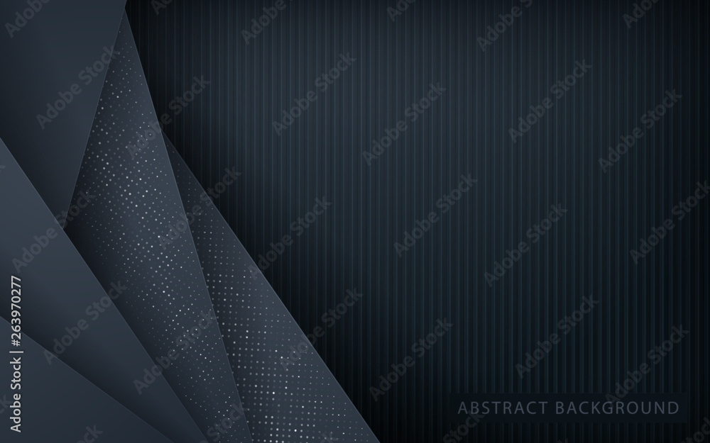 Poster dark abstract background with black overlap layers. texture with silver glitters dots element decora