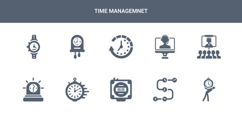 10 time managemnet vector icons such as time pressure, timeline, timer, timing, urgent contains video conference, videocall, waiting, wall clock, watch. time managemnet icons