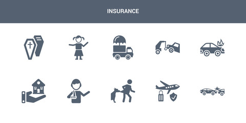 10 insurance vector icons such as accident, air travel insurance, bite, broken arm, building insurance contains burning car, car cargo child, coffin. icons
