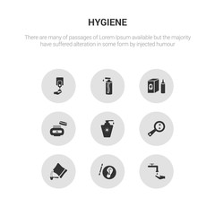 9 round vector icons such as scrub up, varnish, detergent dose, parasite, lotion contains face cream, hair tonic, pump bottle, soap dispenser. scrub up, varnish, icon3_, gray hygiene icons