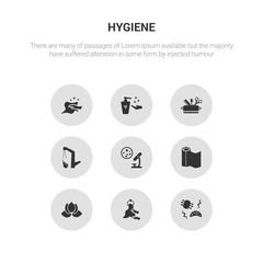 9 round vector icons such as microbes, drying hands, purity, paper towel, pathogen contains food hygiene, hygiene kit, antibacterial, dust cleaning. microbes, drying hands, icon3_, gray hygiene