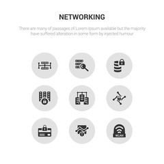9 round vector icons such as wlan, connection error, cit card security, cyber security, data center contains data locked, data protection, search, share. wlan, connection error, icon3_, gray