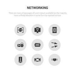9 round vector icons such as data streaming, data transfer, data unclocked, ddos, domain contains email security, encrypted, ethernet, facial recognition. streaming, transfer, icon3_, gray
