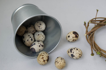 Quail eggs in a bucket. Happy Easter. Congratulatory Easter background.