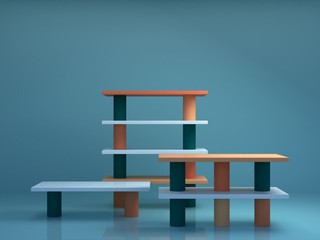 Minimal scene with podium and abstract background. Geometric shape. Blue and coral colors scene. Minimal 3d rendering. Scene with geometrical forms and blue background. 3d render. 