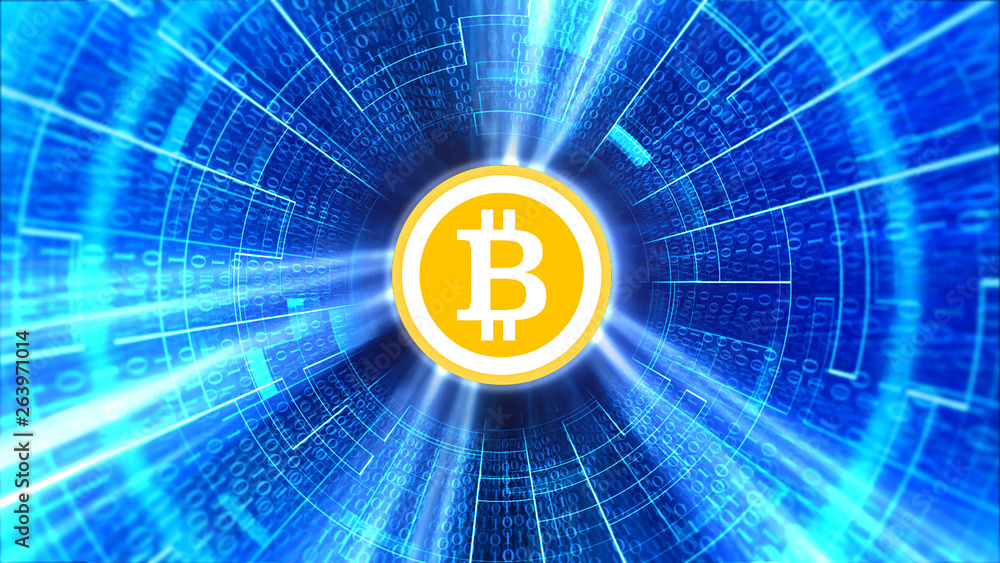 Poster bitcoin cryptocurrency futuristic sci-fi technology circular hud background illustration. worldwide 